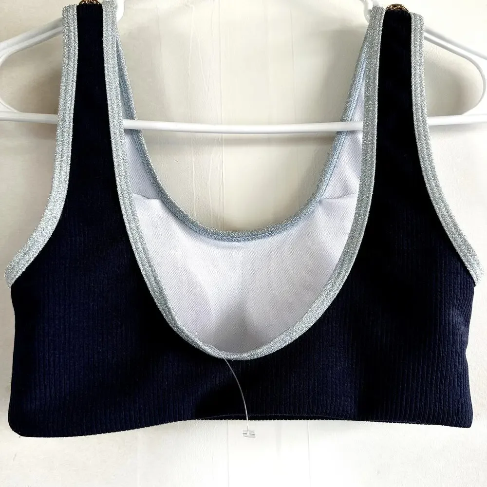 MAIYO Natalie Off Duty Bikini Top Sleeveless Scoop Neck Button Details Blue XS